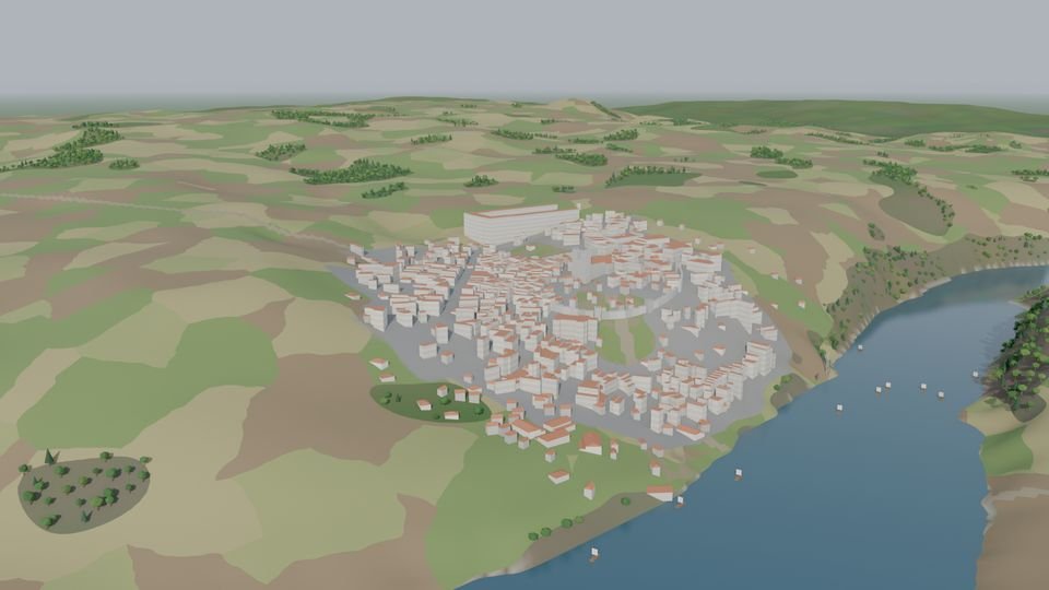 The medieval walled town on the hill above the river